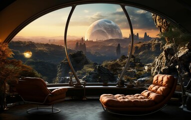 a space station in the sky and planets outside it and there are two chairs in