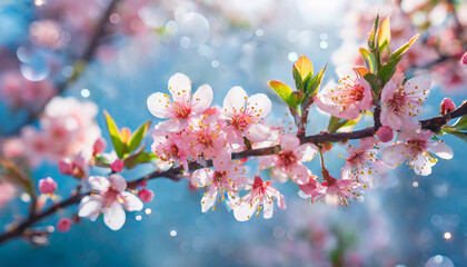 Close-up of pink blossoms. Beautiful flowers. Spring season. Blurred bokeh on backdrop.