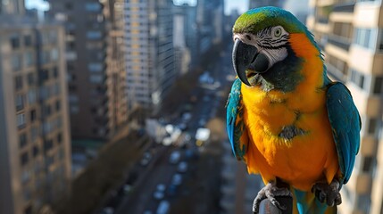 AI generated illustration of a vibrant parrot perched on a city building ledge - obrazy, fototapety, plakaty