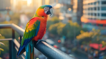 AI generated illustration of a vibrant parrot perched on a city building ledge