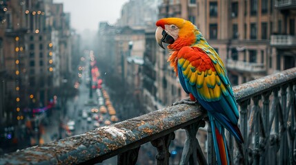 AI generated illustration of a vibrant parrot perched on a city building ledge - obrazy, fototapety, plakaty