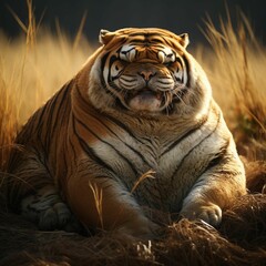 AI generated illustration of a fat Bengal tiger on a meadow