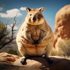 AI generated illustration of a fat Australian wallaby perched on rocks - obrazy, fototapety, plakaty