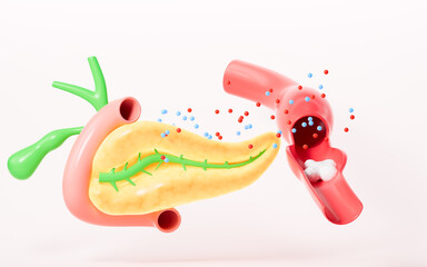Human pancreas, gall bladder organ model, pancreas secretes insulin, 3d rendering.