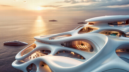 Sunset over Modern Architecture and Sea, Travel Destination with Urban Design, Skyline and Landscape