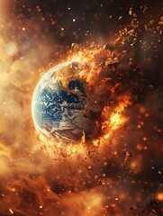 a photo of the earth being engulfed by fire and debris