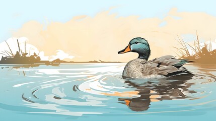 AI generated illustration of a duck swimming in a lake