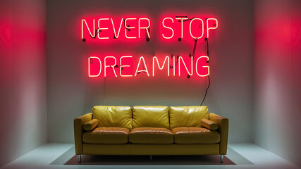 Stylish couch under red lights with the phrase "Never Stop Dreaming" above it, AI-generated.