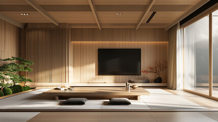 a mockup black screen TV on the wall in a wooden living room with a modern interior design in the style of Japanese style - obrazy, fototapety, plakaty