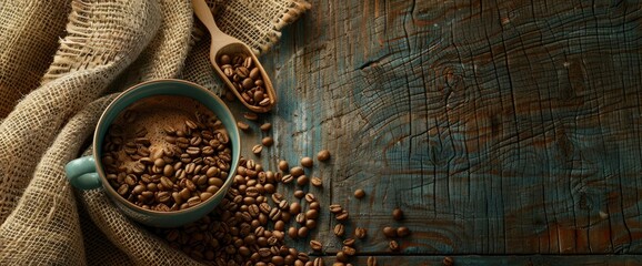 A cup of coffee and beans on the table with rustic background, with burlap cloth and wooden spoon for spilling coffee bean, top view - obrazy, fototapety, plakaty