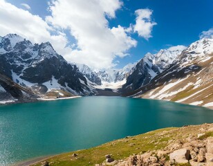 Fototapeta na wymiar AI-generated illustration of a Turquoise lake with green water encircled by snow-capped mountains
