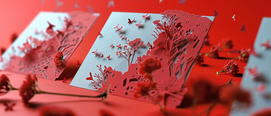 Close up red and white cards with flowers and birds on them
