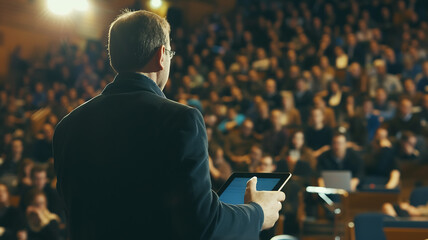A person with a tablet performs in front of an audience in the auditorium - obrazy, fototapety, plakaty