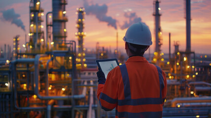 Back view of a professional engineer wearing helmet holding tablet and looking at oil petrochemical industrial plant