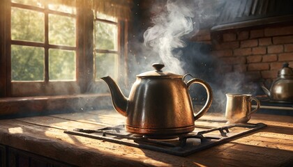 a teapot on a stove with hot water in it