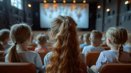 Children attentively watch a movie in the cinema, rear view - obrazy, fototapety, plakaty