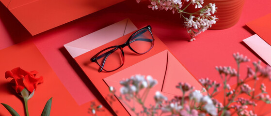 Pair of glasses on top of a red envelope, playful and whimsical mood - Powered by Adobe