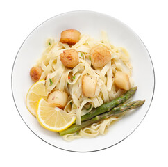 Delicious scallop pasta with asparagus and lemon isolated on white, top view