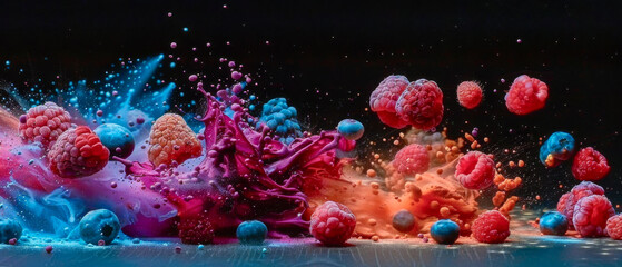Close up colorful explosion of raspberries and blueberries