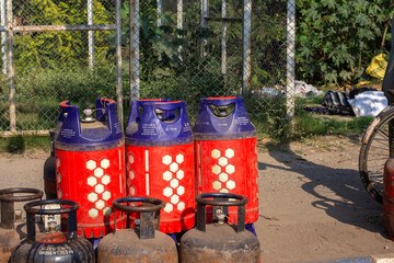 27th February, 2024, Baraipur, West Bengal India: Few commercial LPG cylinders on roads of Kolkata.