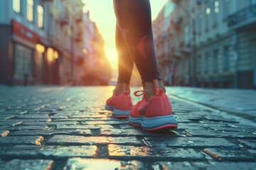 AI generated illustration of a woman in running shoes at sunset