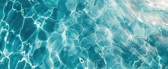 A top view of the clear blue water in a swimming pool with light reflection and ripples, on a summer background
