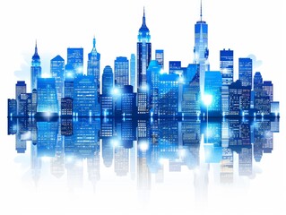 Obraz premium Vibrant, blue-toned digital illustration of new york's iconic skyline featuring the empire state building