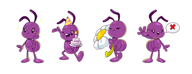 Cartoon ant character isolated vector. Cute and funny insect clipart. Purple bug holding cake, celebrate birthday and smile. Childish termite mascot walking with chamomile flower and show stop gesture - obrazy, fototapety, plakaty