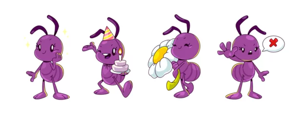 Deurstickers Cartoon ant character isolated vector. Cute and funny insect clipart. Purple bug holding cake, celebrate birthday and smile. Childish termite mascot walking with chamomile flower and show stop gesture © klyaksun