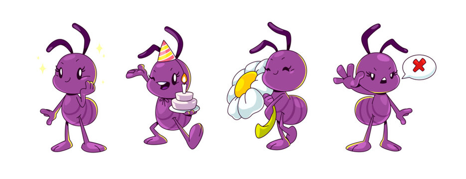 Cartoon ant character isolated vector. Cute and funny insect clipart. Purple bug holding cake, celebrate birthday and smile. Childish termite mascot walking with chamomile flower and show stop gesture