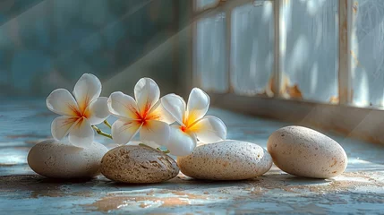 Fototapeten portrait shot, featuring three beige-colored rounded stones, a delicately adorned Hawaiian yellow plumeria plant, and a glowing white object, creating a serene and harmonious composition. © lililia