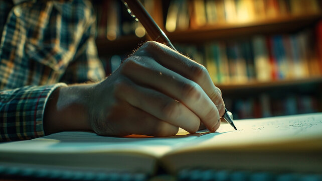 Close Up Hand Of Young Man Doing Homework And Studying In College Library. Education Concept