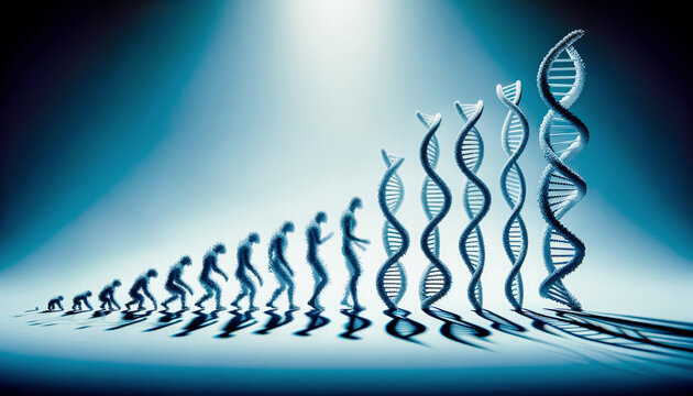 silhouettes transforming from a crouched figure to an upright human followed by rising DNA