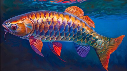 Fish swimming in colorful aquarium underwater, surrounded by marine life, depicted in vibrant art