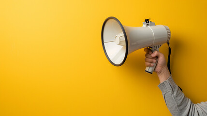Hand holding a megaphone on a yellow background