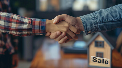 Home brokers shake hands with home buyers with For Sale real estate sign