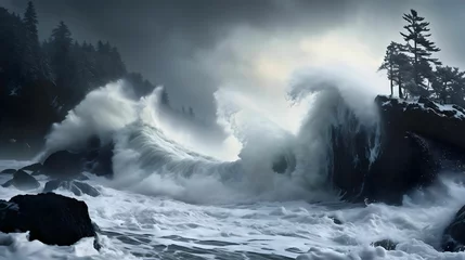 Poster Serene landscape of turbulent waves crashing against the snowy shoreline © Wirestock