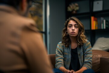 Female converses with a therapist in a counseling session
