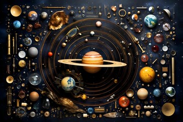 AI generated illustration of the solar system, featuring the planets with their planetary rings