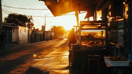 Fototapeta na wymiar vibrant ambiance of a Mexican taco stand as the sun sets, highlighting a popular culinary hotspot