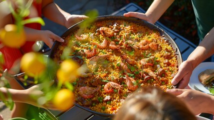 a family sharing a generous serving of paella, a classic Spanish dish