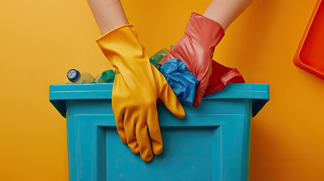 a close-up photo of gloved hands depositing plastic trash into a recycling bin, symbolizing the commitment to environmental sustainability.