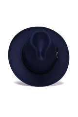 Close-up shot of a dark blau fedora felt hat with black strap. The casual felt hat is isolated on a white background. Top view.
