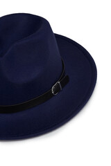 Close-up shot of a dark blau fedora felt hat with black strap. The casual felt hat is isolated on a white background. Cropped top view.
