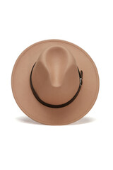 Close-up shot of a beige fedora felt hat with black strap. The casual felt hat is isolated on a white background. Top view.