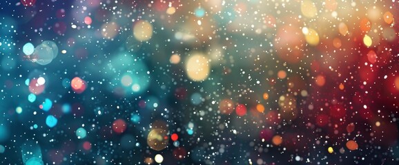 Abstract background with bokeh lights and falling snowflakes. Colorful lights on a dark blue, red, and green colored background. New Year's Eve celebratio - obrazy, fototapety, plakaty