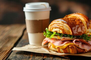 Delicious breakfast croissant sandwich with coffee on wooden table. Breakfast Croissant Sandwich with Coffee - obrazy, fototapety, plakaty