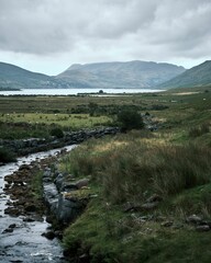 Vertical shot of Connemara Lake surrounded by mountains in Ireland on a gloomy day