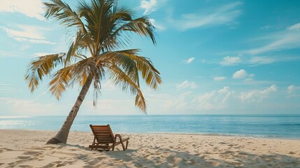 AI generated illustration of a wooden beach chairs beside palm trees with ocean view