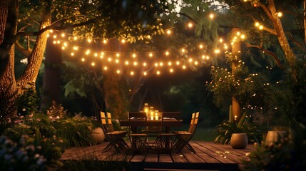 AI generated illustration of a patio furniture arranged with string lights for evening ambiance - obrazy, fototapety, plakaty